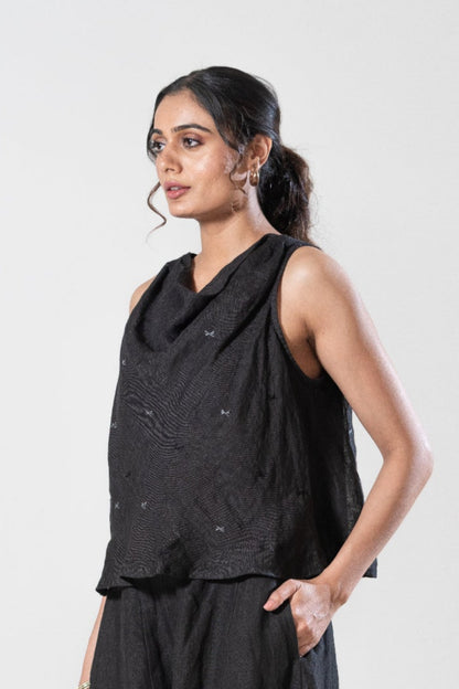 Gauze Linen Cowl Neck Top