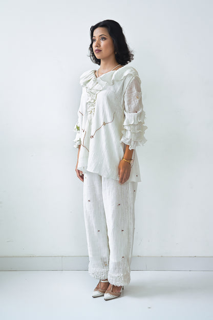 White Cotton Ruffled Neck Co-Ord Set