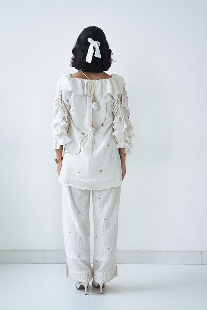 White Cotton Ruffled Neck Co-Ord Set
