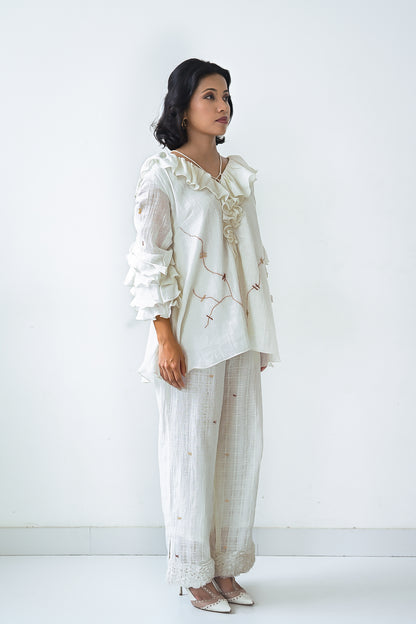 White Cotton Ruffled Neck Co-Ord Set