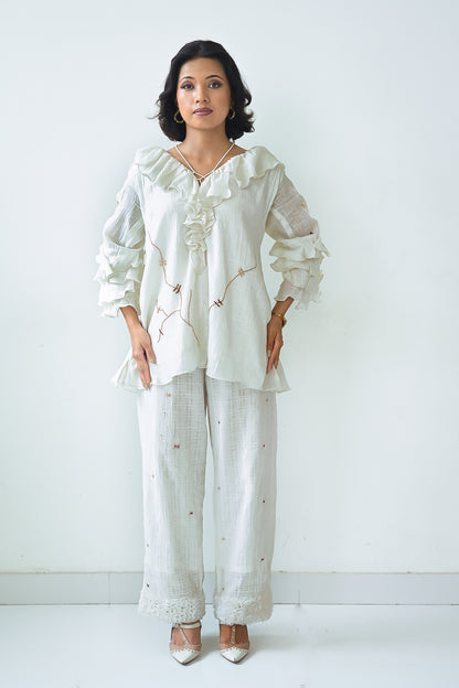 White Cotton Ruffled Neck Co-Ord Set