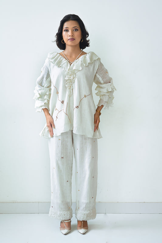 White Cotton Ruffled Neck Co-Ord Set