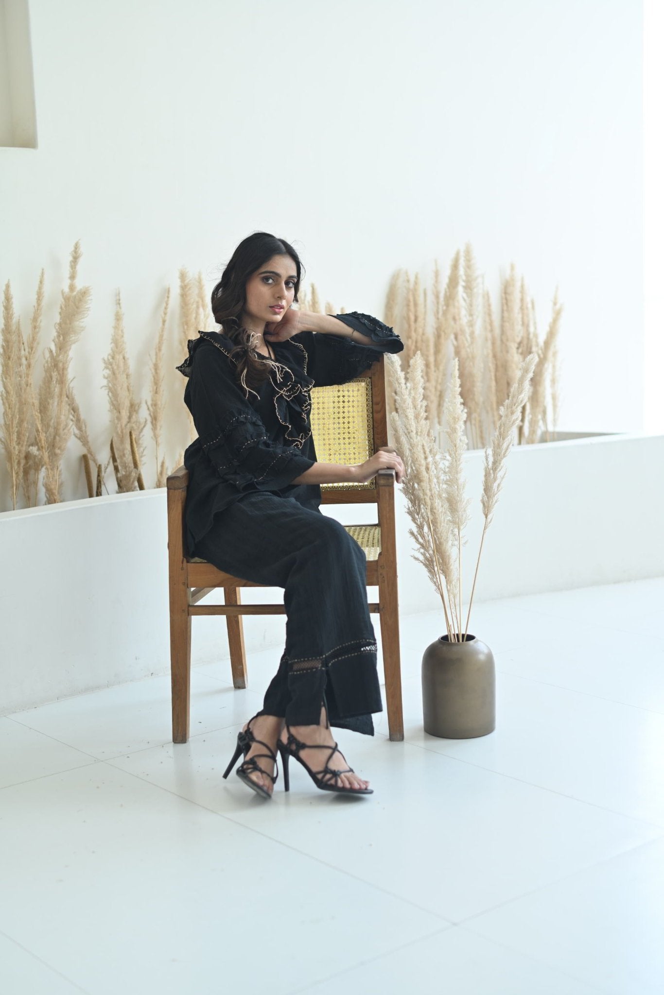 Black Cotton Ruffled Neck Co-Ord Set