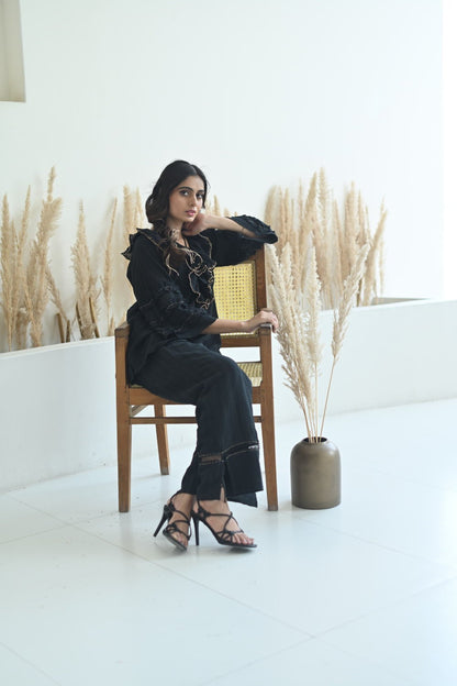 Black Cotton Ruffled Neck Co-Ord Set