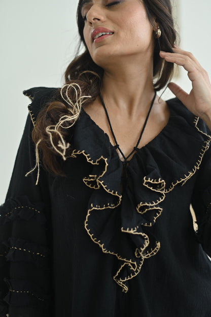 Black Cotton Ruffled Neck Co-Ord Set