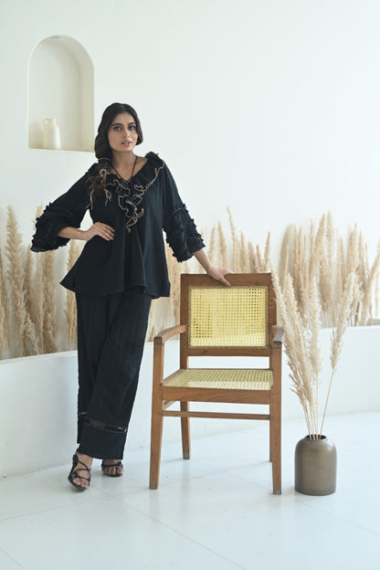 Black Cotton Ruffled Neck Co-Ord Set