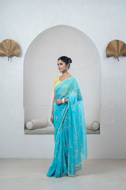 Turquoise Blue, Yellow Kintsugi Print Georgette Saree