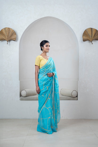 Turquoise Blue, Yellow Kintsugi Print Georgette Saree