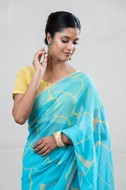Turquoise Blue, Yellow Kintsugi Print Georgette Saree