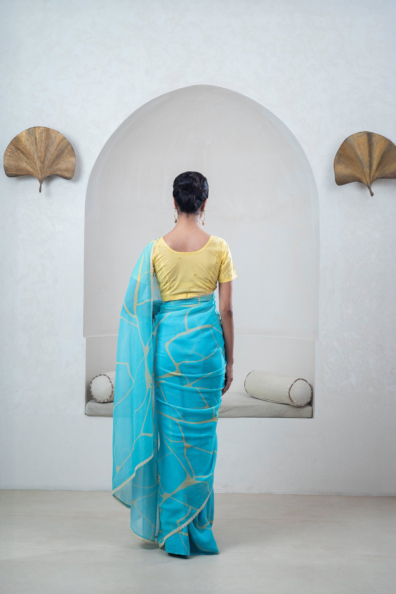 Turquoise Blue, Yellow Kintsugi Print Georgette Saree