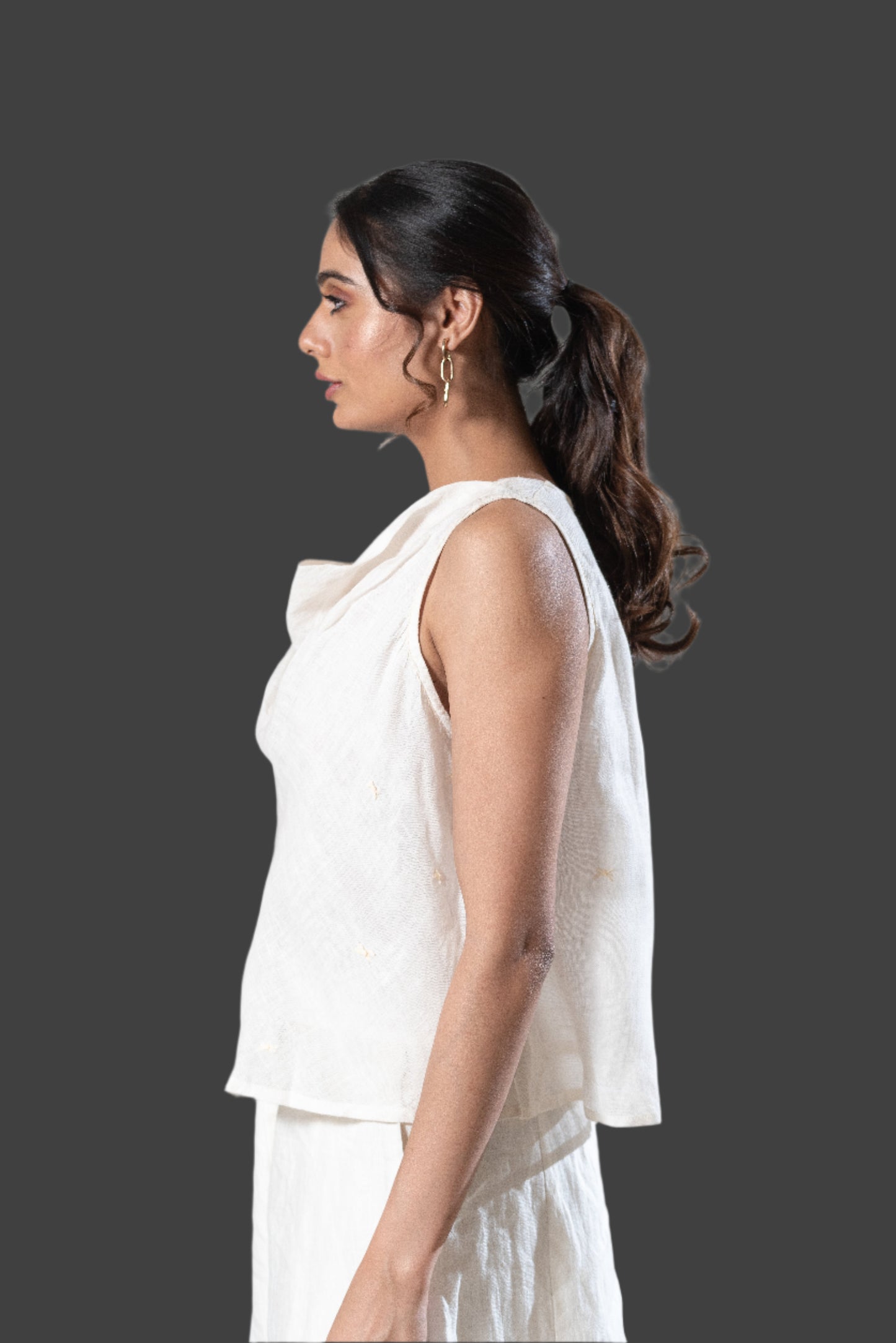 Gauze Linen Cowl Neck Top