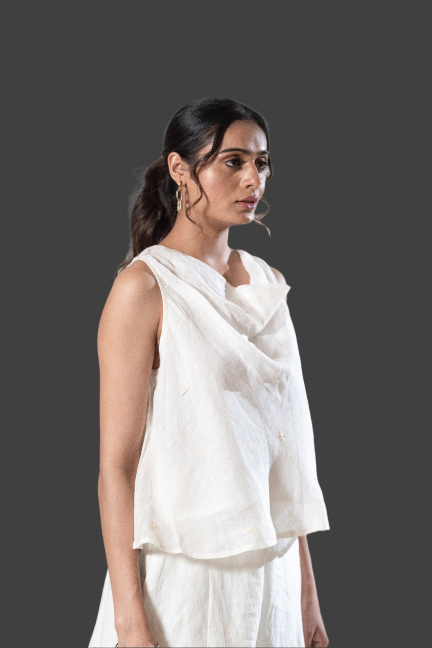 Gauze Linen Cowl Neck Top