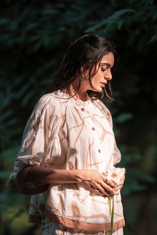 Beige & Brown Print Cotton Kaftan Top