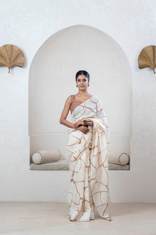 Off-white Gauze Linen Saree With Brown Print