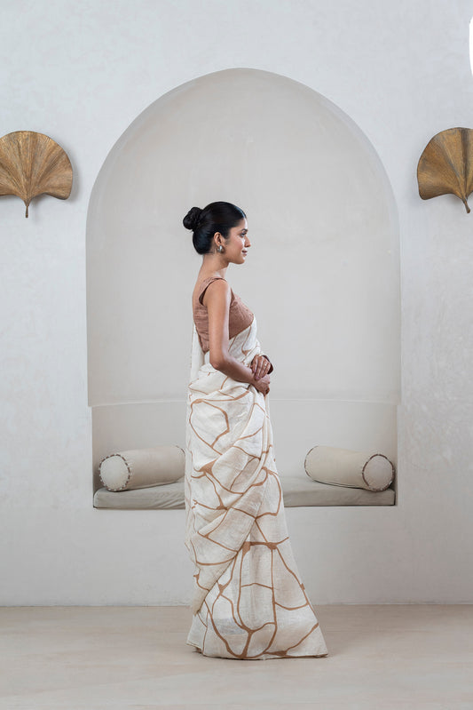 Off-white Gauze Linen Saree With Brown Print