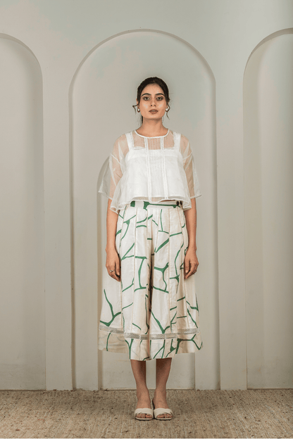 Green Kintsugi Print on Beige Culottes Style Skirt