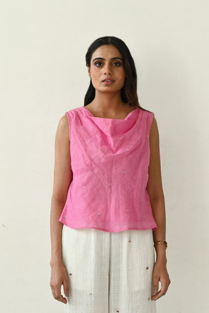 Gauze Linen Cowl Neck Top