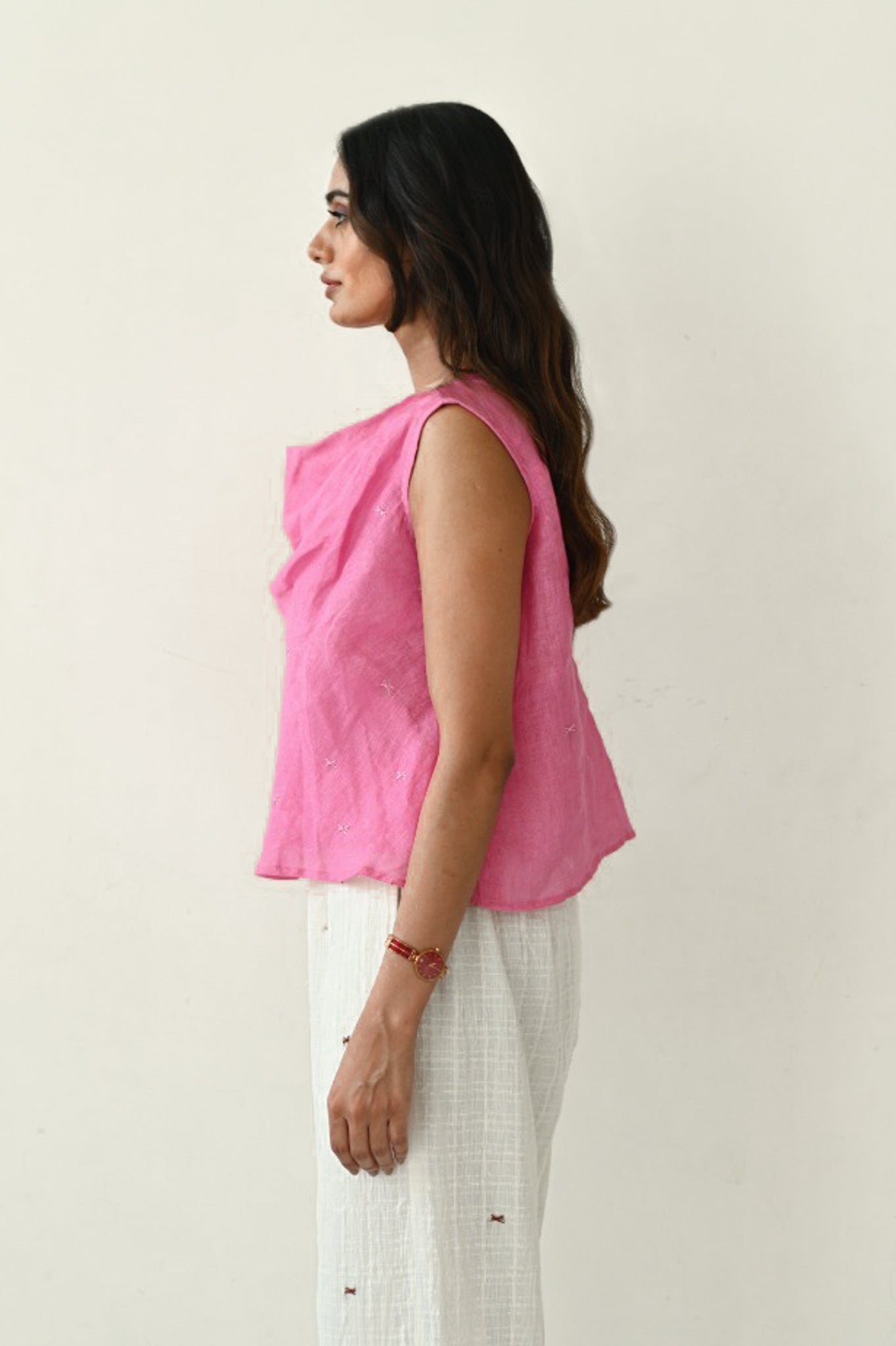 Gauze Linen Cowl Neck Top