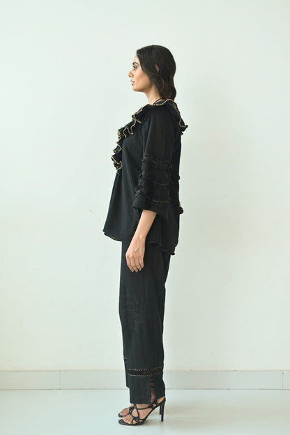 Black Cotton Ruffled Neck Co-Ord Set
