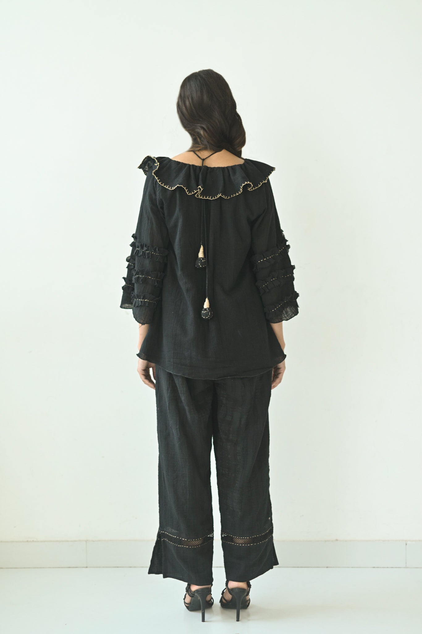 Black Cotton Ruffled Neck Co-Ord Set
