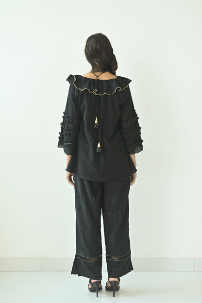 Black Cotton Ruffled Neck Co-Ord Set