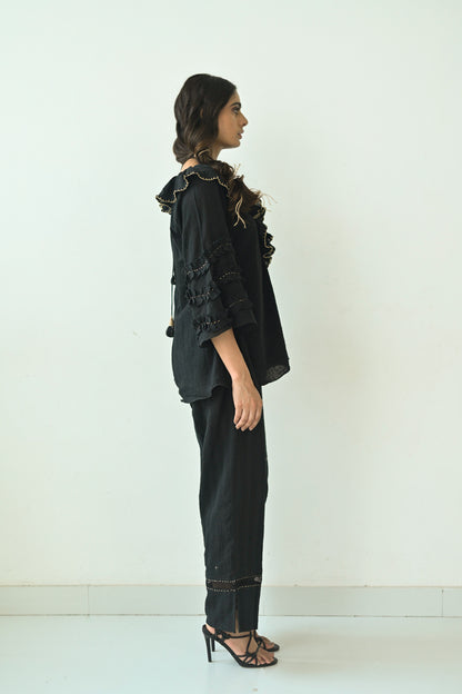 Black Cotton Ruffled Neck Co-Ord Set