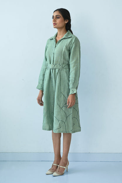 Green Linen Shirt-style Dress