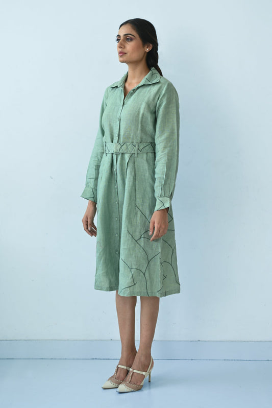 Green Linen Shirt-style Dress