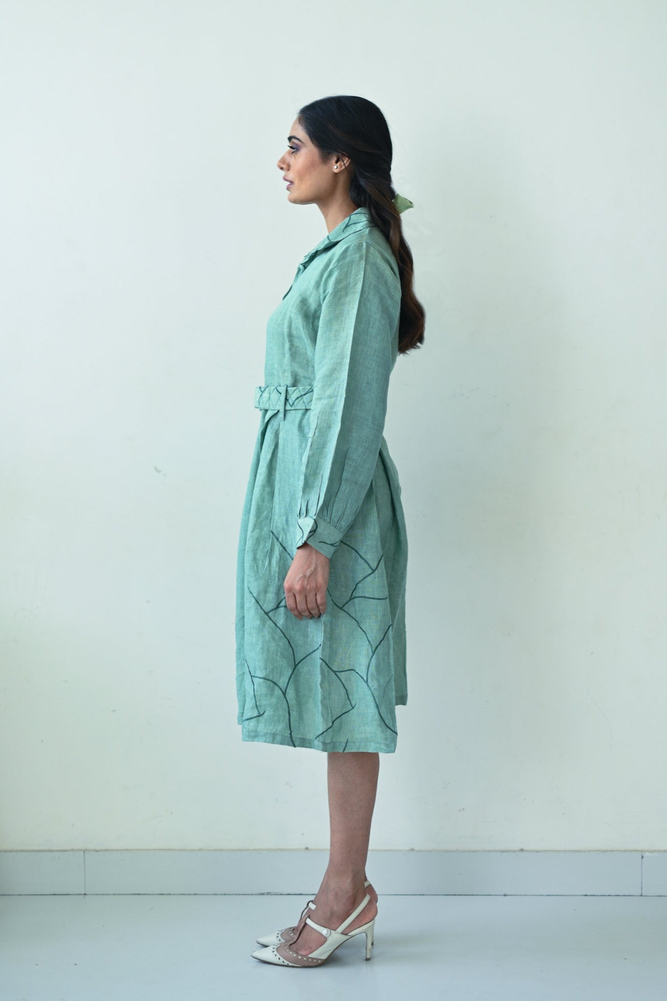 Green Linen Shirt-style Dress