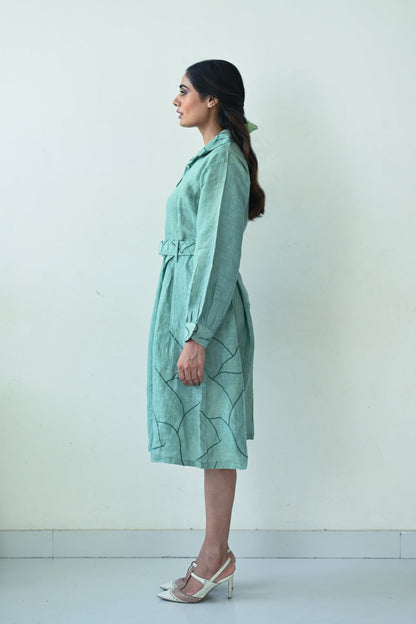 Green Linen Shirt-style Dress