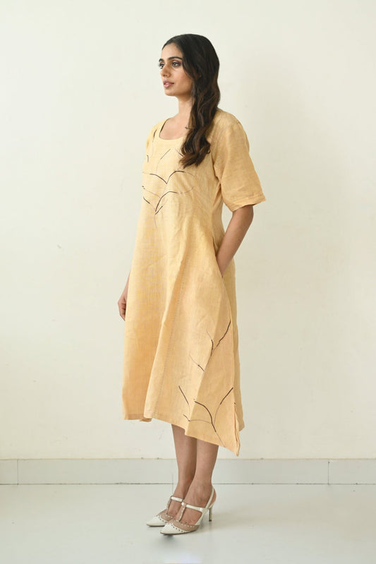 Beige Linen Embroidered Asymmetrical Dress
