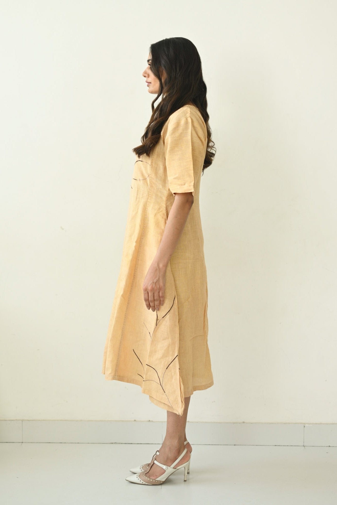 Beige Linen Embroidered Asymmetrical Dress