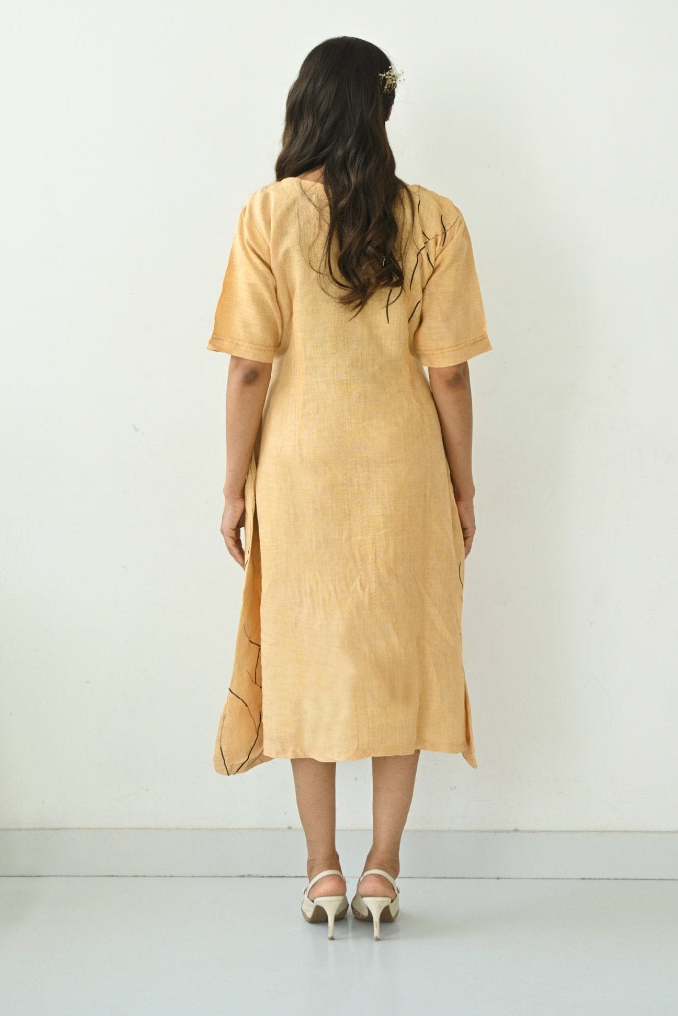 Beige Linen Embroidered Asymmetrical Dress