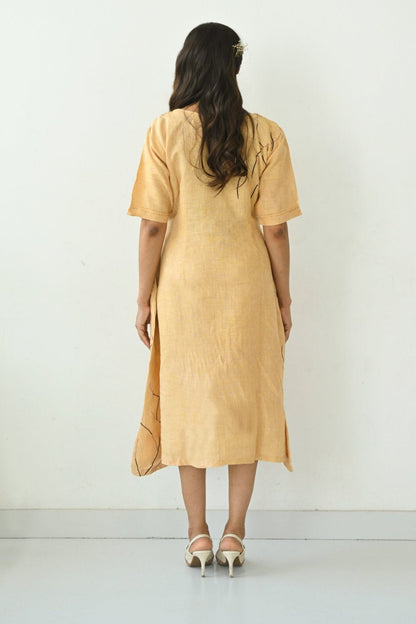 Beige Linen Embroidered Asymmetrical Dress