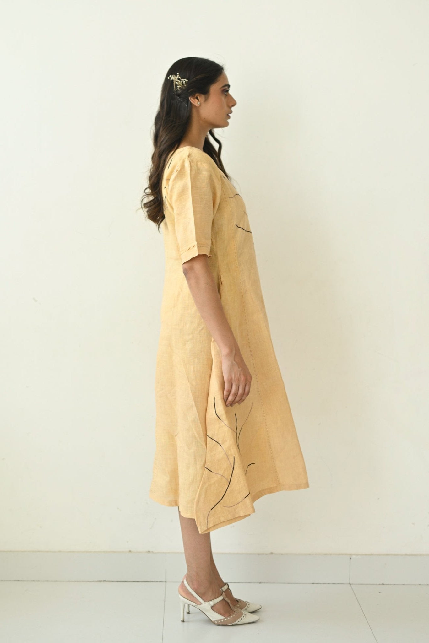 Beige Linen Embroidered Asymmetrical Dress