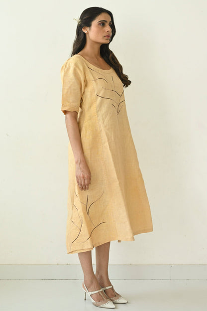 Beige Linen Embroidered Asymmetrical Dress