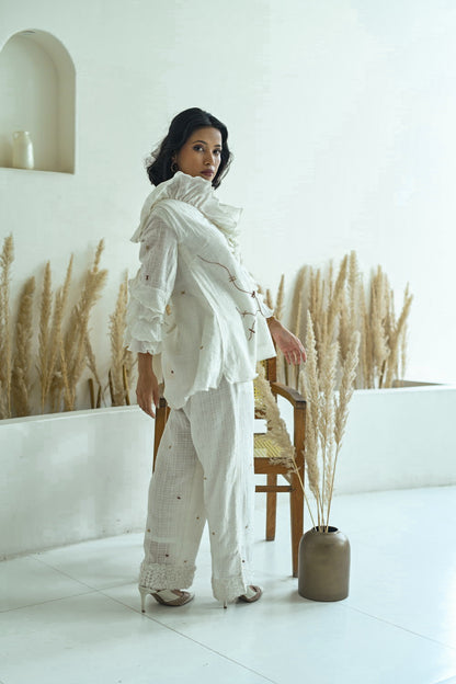 White Cotton Ruffled Neck Co-Ord Set