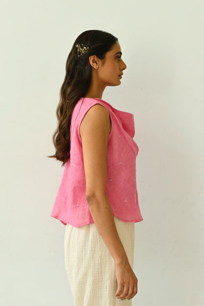 Gauze Linen Cowl Neck Top