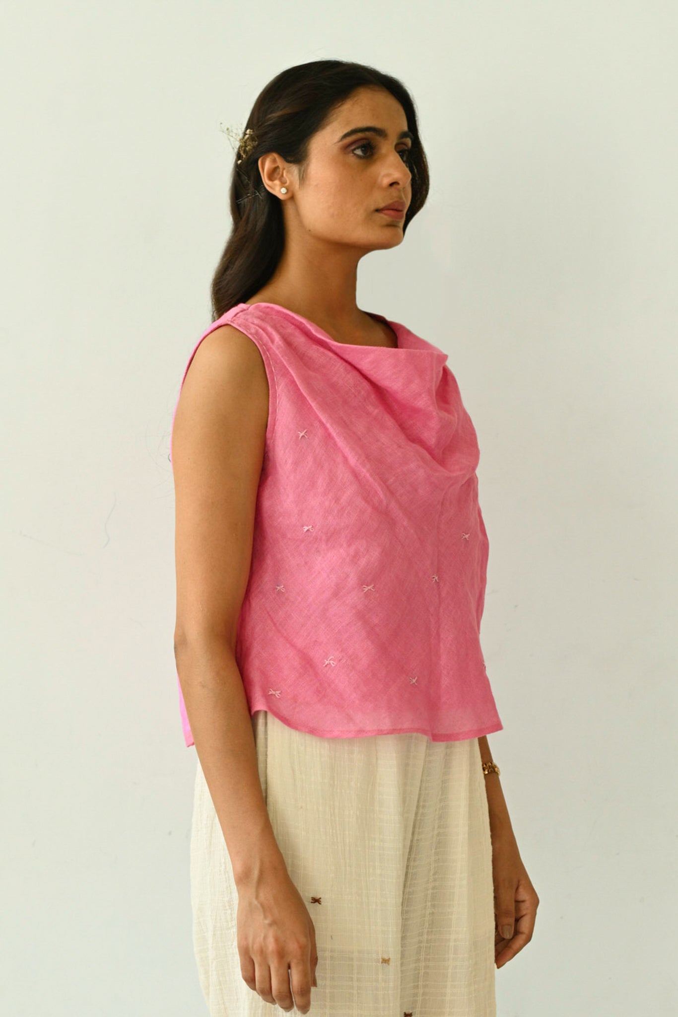 Gauze Linen Cowl Neck Top