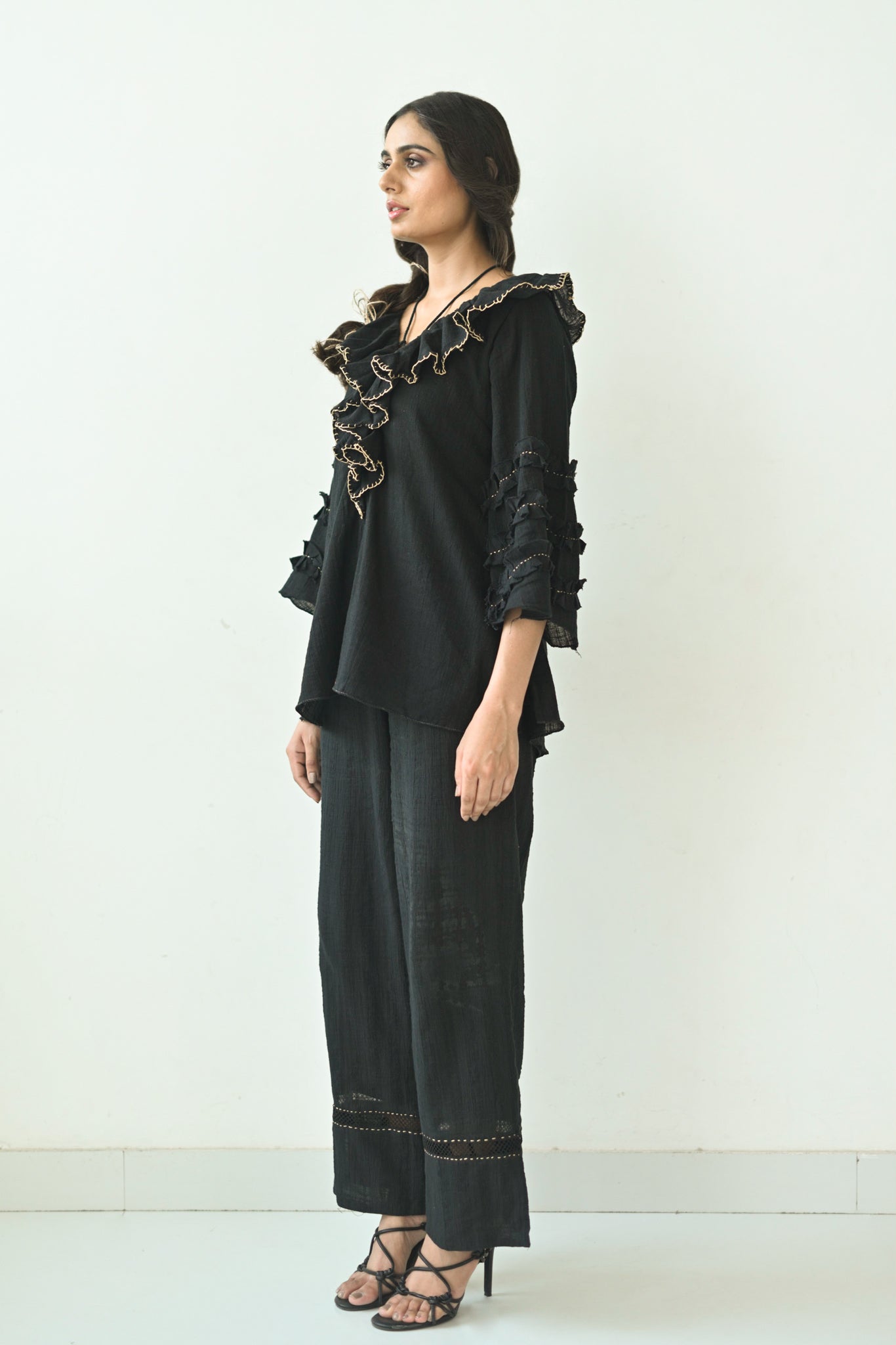 Black Cotton Ruffled Neck Co-Ord Set