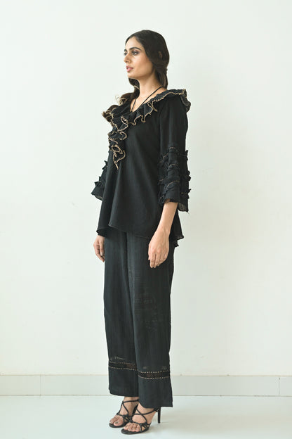 Black Cotton Ruffled Neck Co-Ord Set