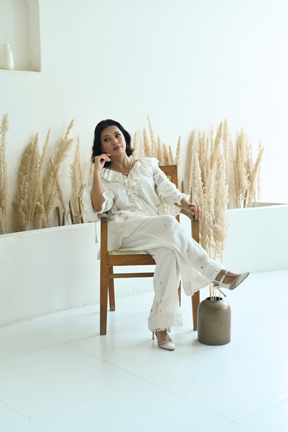 White Cotton Ruffled Neck Co-Ord Set