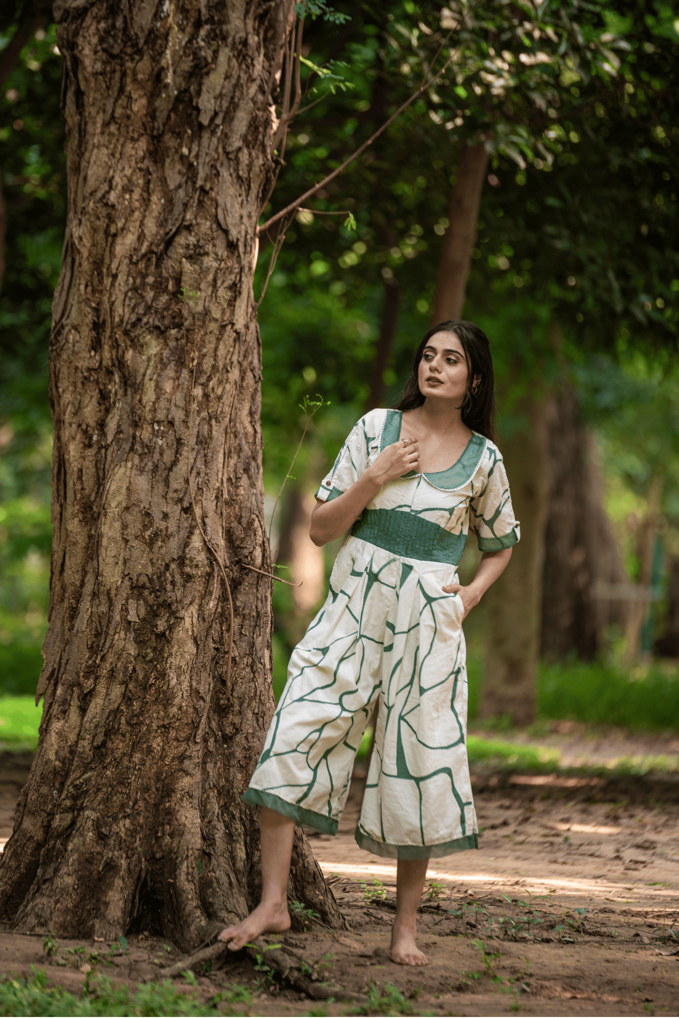 Beige & Green Print Cotton Jumpsuit