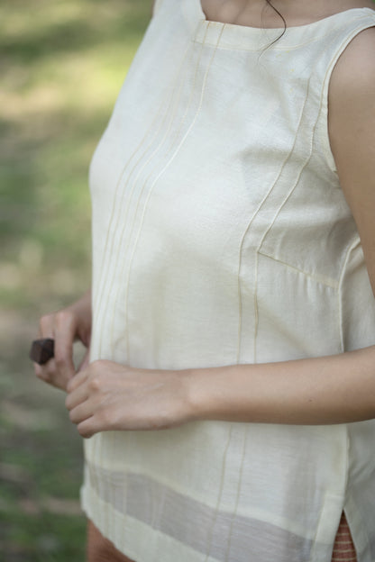 Off White Sleeveless Chanderi Silk Top with Centre Pin Tucks