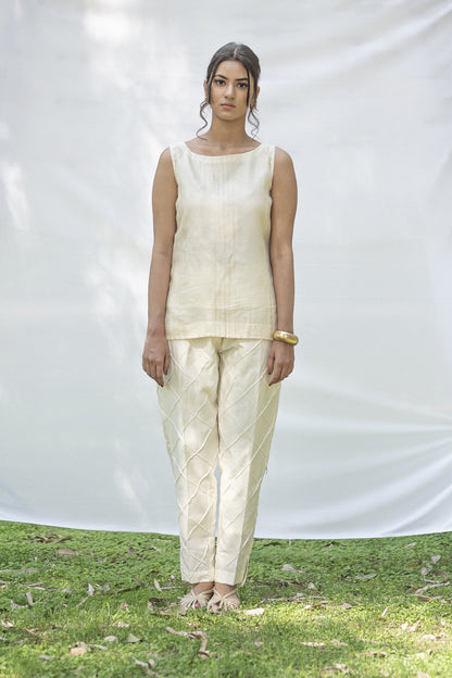Off White sleeveless Chanderi Silk top with pin tucks