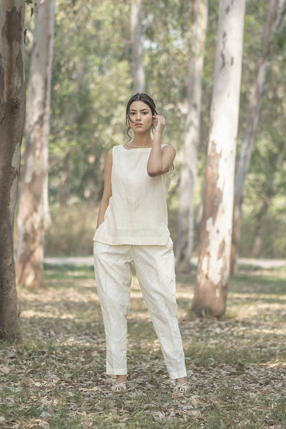 Off White Sleeveless Chanderi Silk Top with Centre Pin Tucks