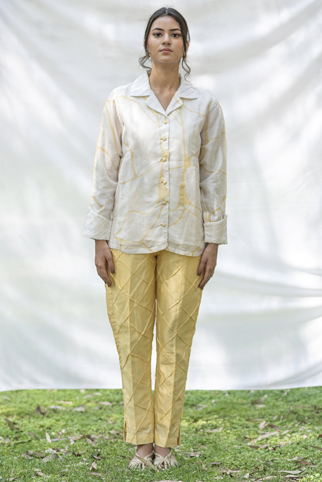 Chanderi Silk Co-Ord Set with Kintsugi Print, Kantha Embroidery & Diamond Pin Tucks