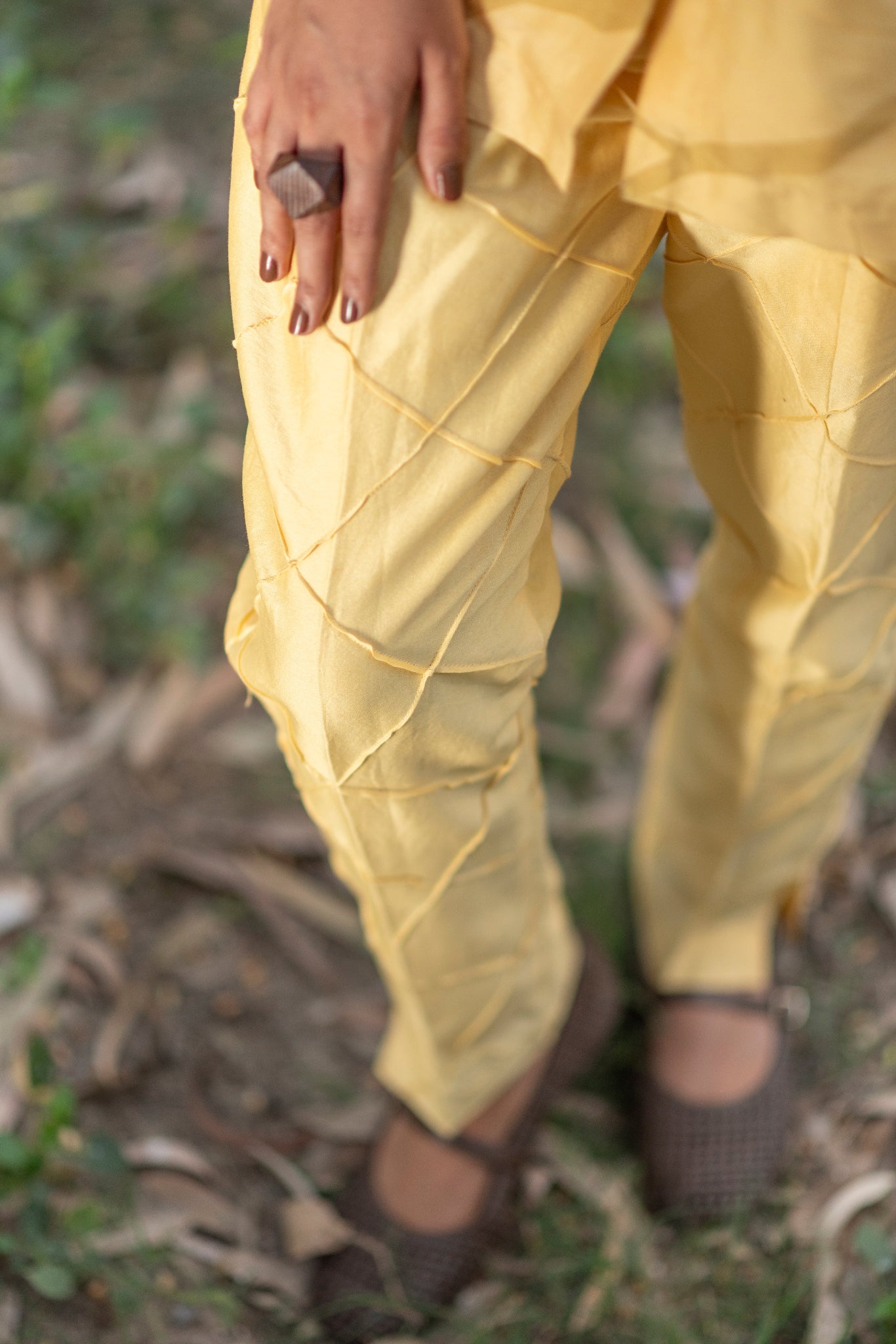 Lemon Yellow Chanderi Silk co-ord set with brown print