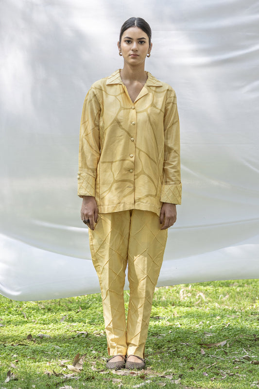 Lemon Yellow Chanderi Silk co-ord set with brown print