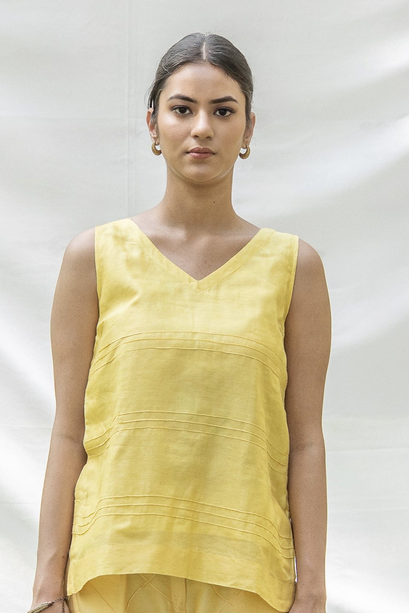 Lemon Yellow Sleeveless Chanderi Silk Top with Pin Tuck Detailing